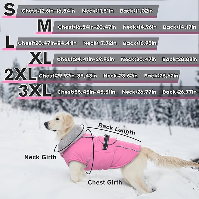 Lelepet Warm Dog Coat Reflective Fleece Vest Waterproof Dog Jacket with Adjustable Buckle Hook & Loop Windproof Cold Weather Coats for Small Medium Large Dogs, Pink, XXL
