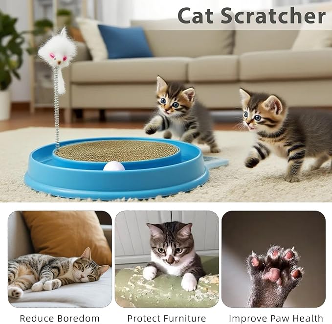 Cat Round Scratcher, 3 in 1 Interactive Kitten Toys, Scratching Pad with Ball Track and Squeaky Mouse, for Bored Indoor Adult Cats Kitty Scratching Puzzle-Blue
