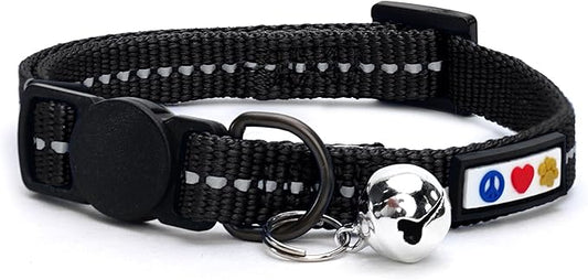 Pawtitas Recycled Cat Collar with Reflective Stitched and Safety Buckle Removable Bell Reflective Cat Breakaway Collar Made from Plastic Bottles - Black Sea Cat Collar.