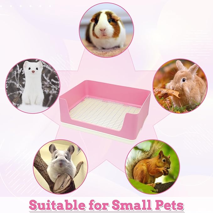 Fhiny Large Rabbit Litter Box for Cage, Plastic Guinea Pig Litter Pan with 6 PCS Disposable Pee Pads Potty Trainer Corner Toilet Box for Bunny Guinea Pigs Ferrets Chinchillas Small Animals (Pink)