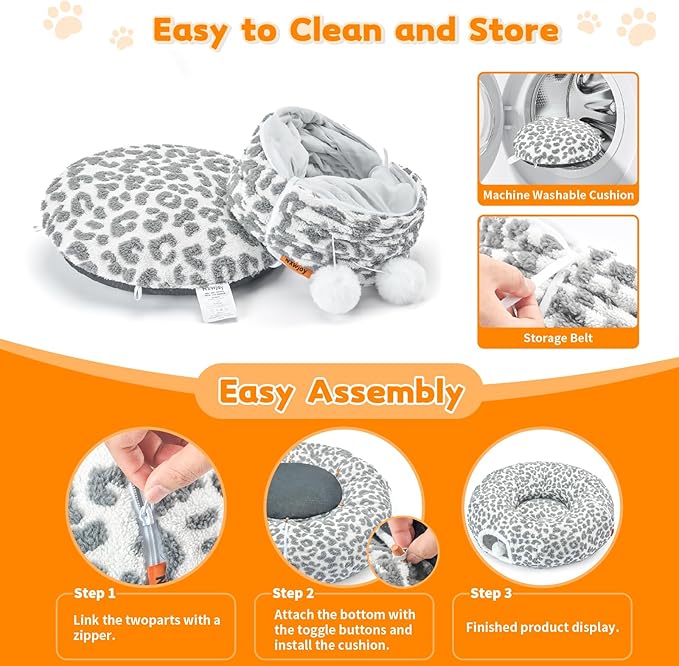 Cat Tunnel Bed 35.5 Inch XL Cat Donut Tunnels for Indoor Cats Cute Tubes Round Pet Play Tunnel Toy for Kitten Puppy Rabbit with Washable Circle Cushion Leopard Grey