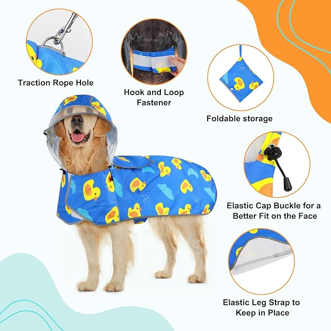 Dog Raincoat for Small Dogs, Adjustable Dog Rain Coat with Clear Hooded, Adjustable Rain Coat with Reflective Storage Pocket& Rim (Blue, Small)