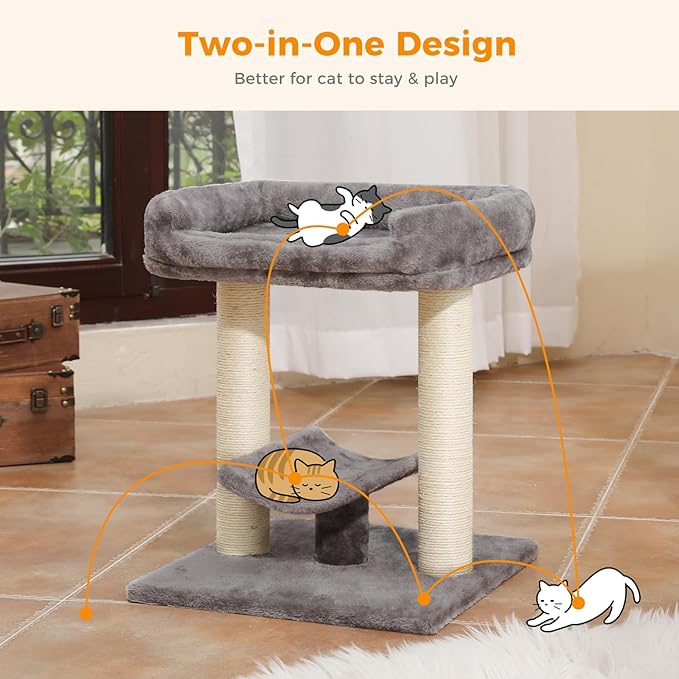 PETEPELA 19" Scratching Post, Cat Tree Tower, 100% Natural Sisal Scratcher With Large Plush Top Perch Bed, Cozy Platform for Kittens and Cats