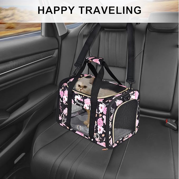 Petmolico Cat Carrier Soft-Sided Pet Bag for Small Medium Cats Puppies 16LBs - Airline Approved Cat Travel Carrier 3 Open Doors (Large,Pink Peony)