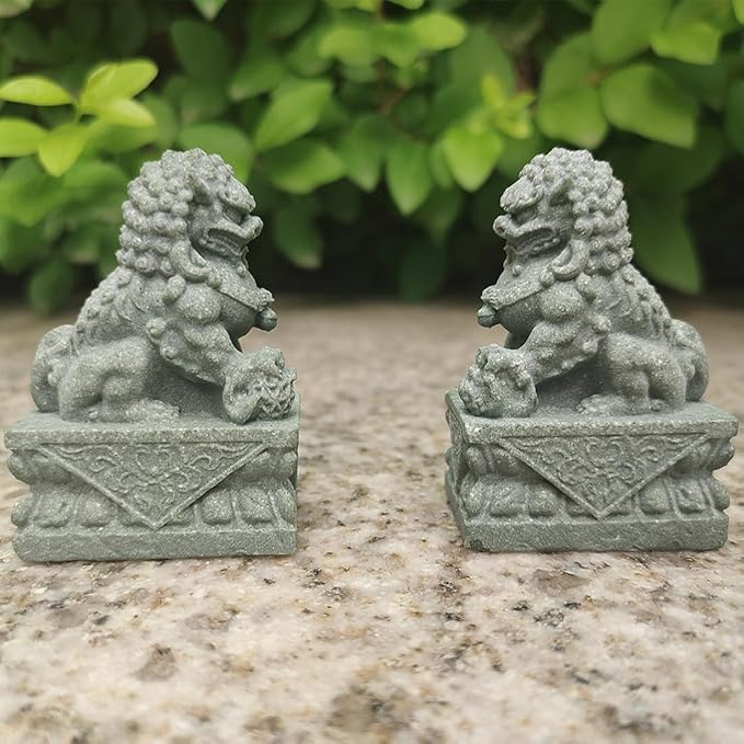 livelyfish Asian Fu Foo Dogs Pair of Two Guardian Lion Statues, Fish Tank Aquarium Sandstone Figurines Chinese Ornaments Feng Shui Decorations (M)