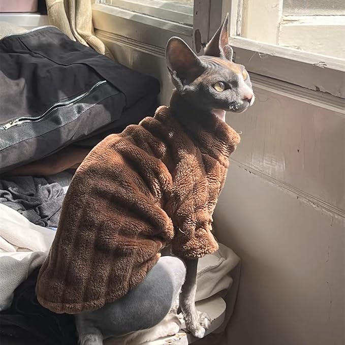Turtleneck Sweater for Sphynx Cat Soft Coral Fleece Cat Clothes Thick Winter Warm Outfit Coat for Hairless Cats and Small Dogs Apparel with Sleeves (Brown, M (5-7 lbs))