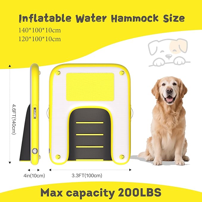 ALIFUN Inflatable Dog Water Ramp Safety Floating Dock Dog Pool Raft for Pool Lake Boat Non-Slip Floating Ladder for Pets Up to 220 LBs Yellow 120CM Length