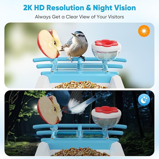 Bird Feeder with Camera, Smart Bird Feeder with Solar Panel, 2K HD Live View, AI Identify, Auto Capture, Instant Notifications, 2.4GHz, IP65 Waterproof, Ideal Gifts for Lover, Blue