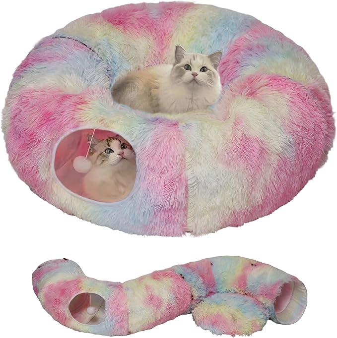 Cat Tunnel Bed for Indoor Cats with Washable Cushion Cat Cave Donut Tunnel with Fluffy Ball Big Round Tube Pet Playground Toys Soft Plush Peekaboo for Kitten, Cat, Puppy, Rabbit, Ferret (Colorful)
