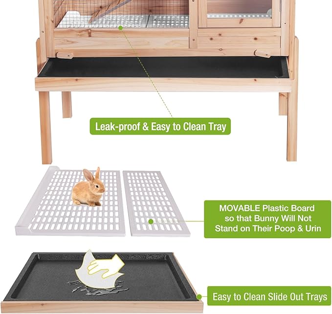 Wooden Guinea Pig Cages Indoor,Two-Story Wooden Rabbit Cage Hutch with Removable Stand and Pull Out Tray, Small Animals Cage Habitat with Ramp and Plastic Mesh(Natural Wood Color)