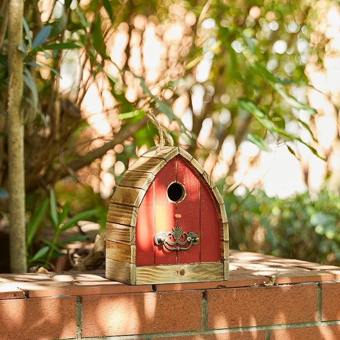 Glitzhome 8.5" H Washed Red Distressed Solid Wood Birdhouse Garden Hanging Bird House for Outdoors
