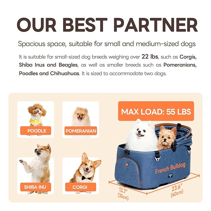 X-Fold Dog Stroller for Small/Medium Dogs up to 55 Lbs, Premium 3 in 1 Pet Stroller, Large All-Terrain Rubber Wheels, Navy Blue