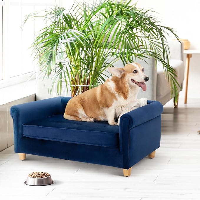 dCee Medium Dog Sofa, Holds Up to 70 Lbs, 33 in. Soft Velvety Dog Couches, Pet Sofa for Comfort Sleep and Joint Support, Navy