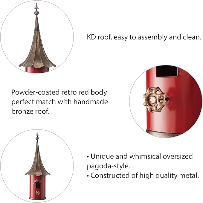 Glitzhome 32”H Metal Hanging Birdhouse for Outdoors Oversized Farmhouse Pagoda Painted Bird House with Bronze Roof for Bluebird Wren Chickadee Sparrow Bird Nest Box for Garden Patio, Retro Red