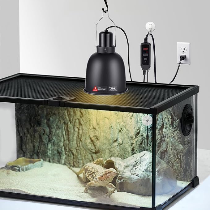 5.5inch Reptile Heat Lamp with Thermostat, Reptile Light Fixture with Dimming Thermostat, Deep Dome Lamp Fixture with 100W Ceramic Heat Emitter for Bearded Dragon, Turtles, Snake and Lizard