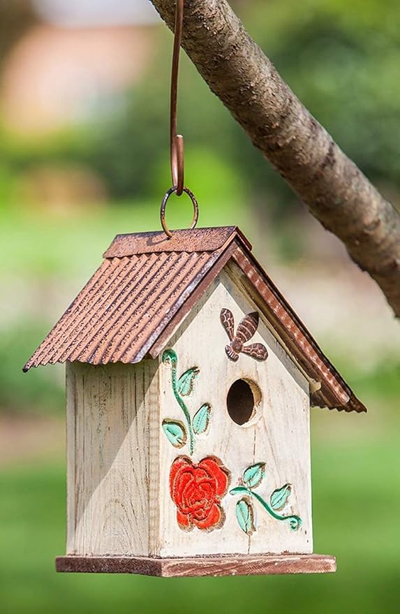 Bird House Wooden Carved Floral Birdhouse with Hanging,White Hanging Bird House for Outside