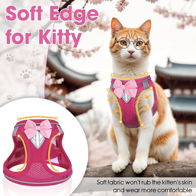 Cat Vest Harness and Leash Set for Walking Escape Proof, Adjustable Kitten Harness Breathable Mesh with Reflective Strips Harness for Kitty Puppy Bunny (Pink,M)