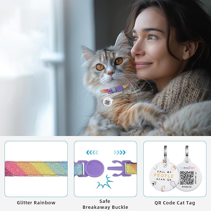 Cat Collar Breakaway with QR Code Name Tag, Glitter Kitten Collars with Bell, Cat Tags Personalized, Ultra-Durable, Comfortable, Quick Release, Fits Most Girl Boy Cats and Puppies (8"-13.5")