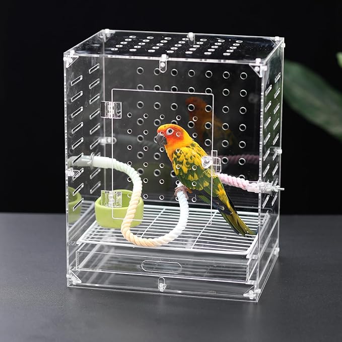 Clear Acrylic Bird Cage for Small Birds, Transparent Display Habitat for Finch, Canary, Parakeet - Easy to Clean & Assemble (9x12x15in)