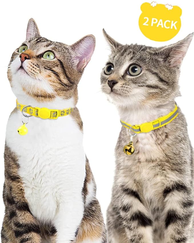 Taglory Reflective Cat Collar Breakaway with Bells, 2 Pack Girl Boy Pet Cat Collar Adjustable 7.5-12.5 Inch, Yellow