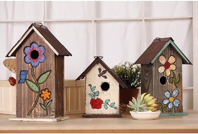 Bird House Wooden Carved Floral Birdhouse with Hanging,White Hanging Bird House for Outside
