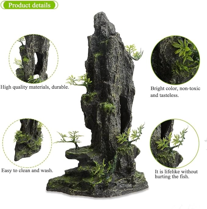 AnRui Aquarium Decorations Large and Tall Mountain View Stone Betta Hideout Fish Tank Accessories Decor Cute Tree Rock Cave Landscape for Turtles, Fish to Play, 14.4inch
