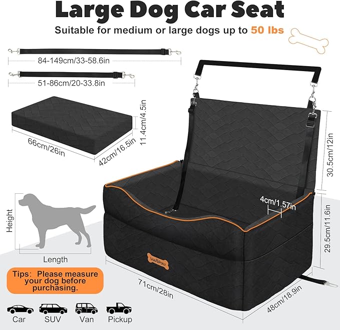 Medium Dog Car Seat, Dog Booster Seat Under 50Lbs or 2 Small Dogs Washable, Pet Car Seats with 2 Safety Leash, Dogs Sofa Bed Cushion Add Thick Sponge, Pet Cars Carrier for Travel, Black