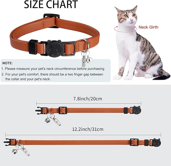 Upgrade Breakaway Cat Collar with Bells, Soft Leather Kitten Collars with Name Tag,Safety Adjustable Buckle,Lightweight,Ideal for Girl Boy Cats,Pink+Orange