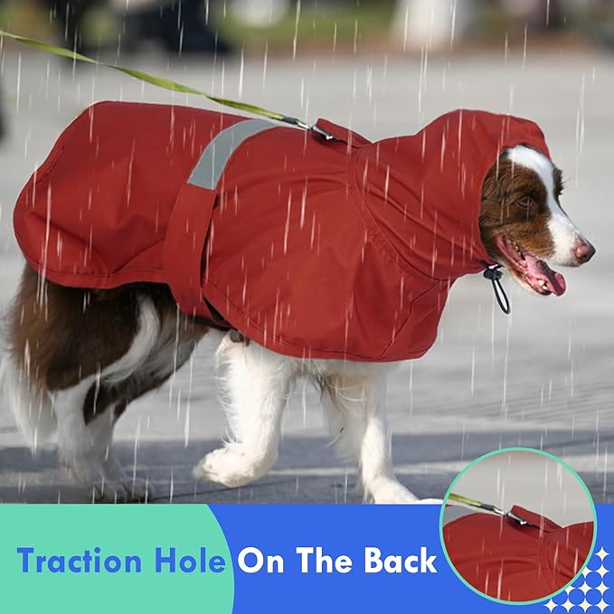 MIGOHI Dog Rain Jacket, Reflective Rain Coat for Medium Dogs | Adjustable Hind Leg Straps Rainproof, Waterproof & Windproof Coat for Rainy Days, Dog Poncho with Back Leash Hole, Red, 2XL