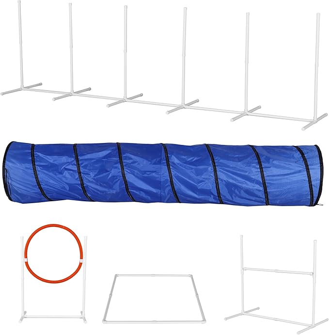 6-Pack Dog Agility Training Equipment Set - Includes Adjustable Bar Jump, Tire Jump, Weave Poles, Tunnel with Sandbags, and Pause Box - Portable with Carry Cases