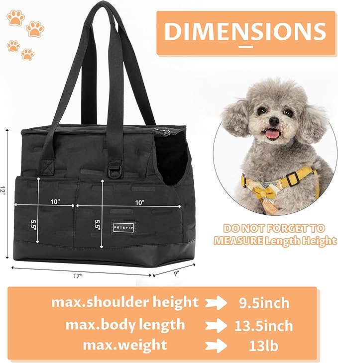 Petsfit Small Dog Purse Carrier, Portable Pet Carrier Tote Cat Carrier with Adjustable Safety Leashs, Pocket, Poop Dispenser, Waterproof TPU Bottom, Black