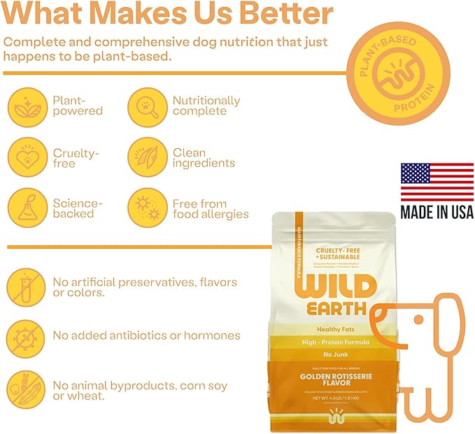 Wild Earth Vegan Dry Dog Food | Plant-Based Maintenance Formula | Vegetarian, Allergy Relief, Veterinarian-Developed for Complete Nutrition | Golden Rotisserie Flavor, 4 Pound Bag