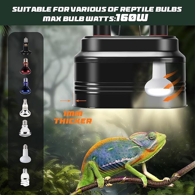 Dual Reptile Light Fixture with Thermostat Switch and Independent Switch, Deep Dome Reptile Heat Lamp Fixture Optical Reflector Lampshade for Bearded Dragon, Amphibians, Tortoise (Max 100W)