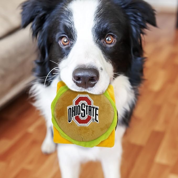 NCAA Ohio State Buckeyes Cheeseburger Plush Dog & CAT Squeak Toy- Cutest Stadium Hamburger Snack Plush Toy for Dogs & Cats with Inner Squeaker & Beautiful Football/Basketball Team Name/Logo