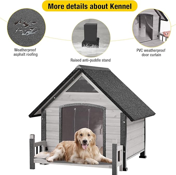 Dog House Outdoor, Insulated Dog Kennel Outside for Large Breed, 50.87" L Weatherproof Large Dog Shelter with Anti-Chewing Iron Frame (White, 45" D x 32.9" W x 32.6" H)