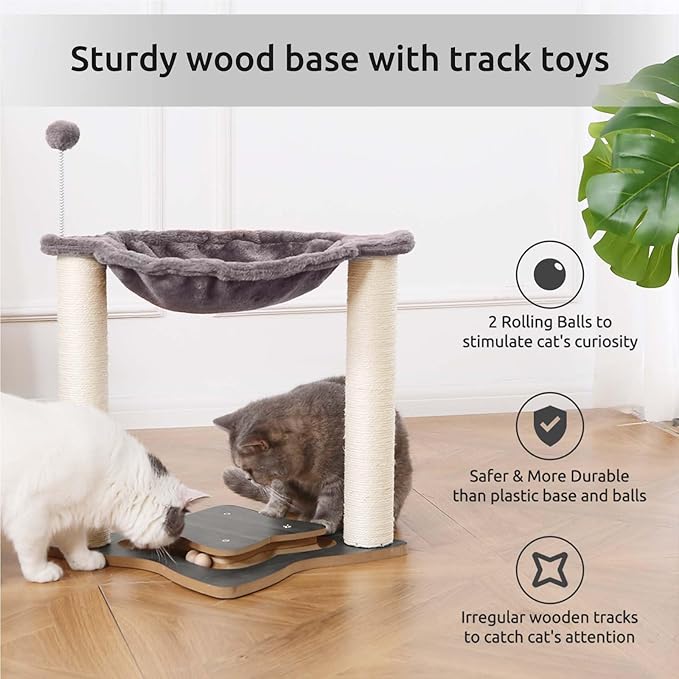 Simple Deluxe Small Cat Tree Tower with Scratching Post, 4-in -1Cat Tree with Hammock,Dangling Ball,Natural Sisal Cat Scratcher,Wooden Interactive Track Ball Base for Indoor Kittens,18inches