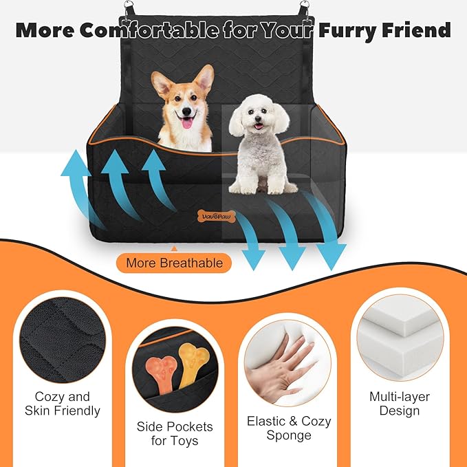 Medium Dog Car Seat, Dog Booster Seat Under 50Lbs or 2 Small Dogs Washable, Pet Car Seats with 2 Safety Leash, Dogs Sofa Bed Cushion Add Thick Sponge, Pet Cars Carrier for Travel, Black