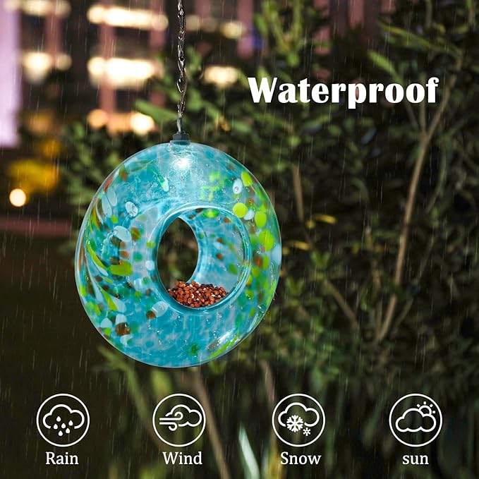 VCUTEKA Bird Feeder Solar Fly Through Bird Feeders for Outside Hanging with Round Shape Glass Container to Attract Wild Birds for Garden Decor, Blue 8"