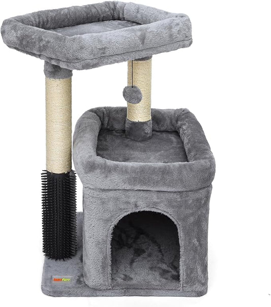 Small Cat Tree with Scratching Post Indoor, Cat Trees for Indoor, Cat Tower with Condo, Plush Cozy Perch, Massage Brush, Activity Hanging Pompoms