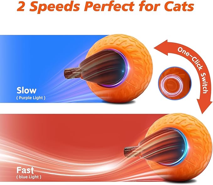 Interactive Cat Toy for Indoor Cats, Speedy Ball with Tail, Automatic Moving Cat Balls for Bored Indoor Adult Cats, 360°Automatic Rolling Ball Toy, Two Speed Adjustment(Orange)