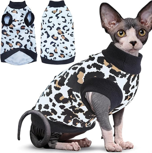 Idepet Cat Clothes Kitten Sweater Soft Kitten Shirt Cute Leopard Print Kitty Vest Pullover Pajamas Jumpsuit Cotton Apparel for Hairless Cats &Puppy (White,XL)