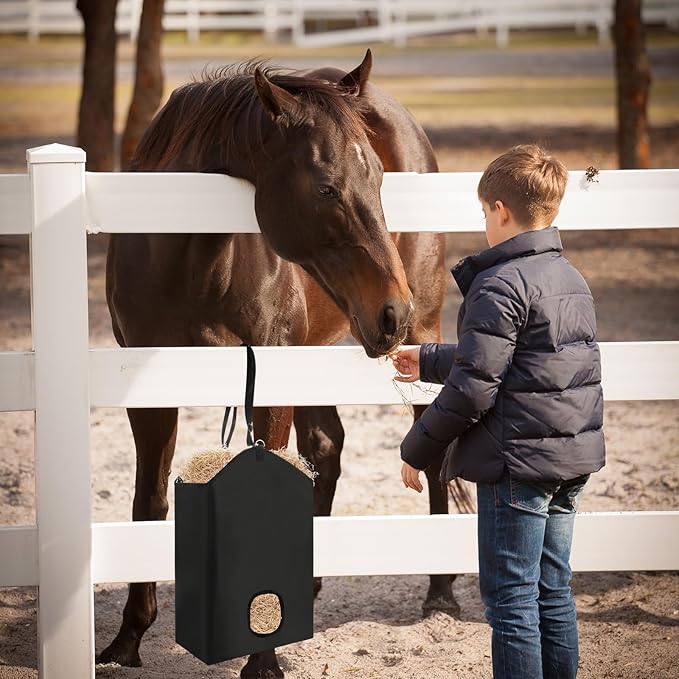 3 Pack Hay Bag for Horse - 18.11 x 7.08 x 13.78 Inch Open Feed Hole Hay Feeder for Slow Feeding - Premium 600D Oxford Cloth with Metal Ring and Adjustable Strap for Goat, Donkeys, Sheep