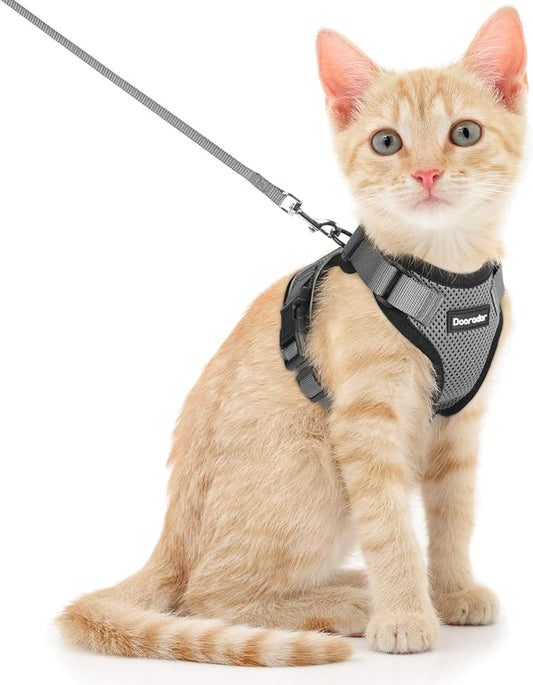 Dooradar Cat Harness and Leash Set, Escape Proof Safe Adjustable Kitten Vest Harnesses for Walking, Easy Control Soft Breathable Mesh Jacket with Reflective Strips for Cats, Grey, S