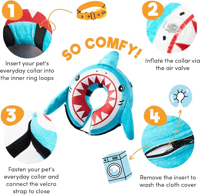 BENCMATE Inflatable Dog Cone Collar Alternative, Soft Dog Cone for Small Medium Large Dogs and Cats, Neck Recovery ECollar Donut Collar After Surgery (Large, Shark)