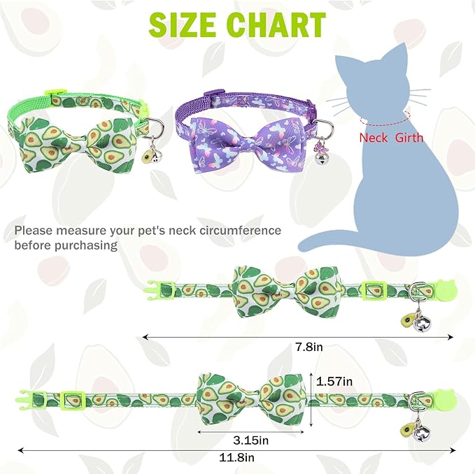 SCENEREAL Cat Collar with Bells, 2 Pcs Breakaway Cat Collars with Adustable Bowtie, Safety Kitten Collar for Boy Girl Cats Puppy, Cute Spring Summer Butterfly & Avocado Pet Collar, Green & Purple