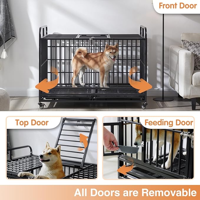 Lauren&Harold 48 Inch Heavy Duty Dog Crate for Medium/Large Dogs, Metal Dog Kennel Indoor with Top Door&Feed Door, Easy-to-Clean XL Dog Cage with Removable Tray&Wheels, Large Dog crates Furniture