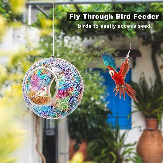 Bird Feeder Mosaic Fly Through Bird Feeder for Outside Hanging with Round Shape Glass Feeders to Attract Wild Birds for Garden, Deck, Yard, Backyard and Porch Decor, 7-Inch