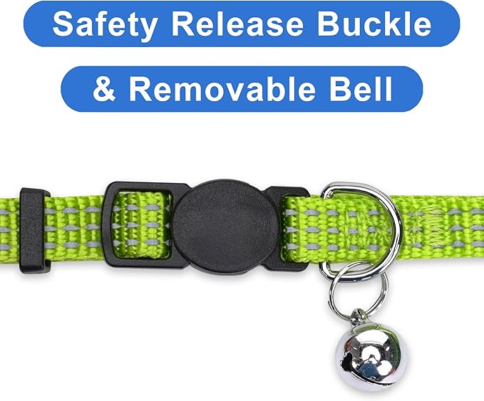 Pawtitas Reflective Cat Collar with Safety Buckle and Removable Bell Cat Collar Kitten Collar Green Cat Collar One Size