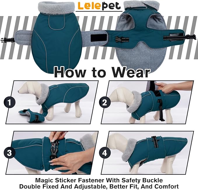 Lelepet Warm Dog Coat Reflective Fleece Vest Waterproof Dog Jacket with Adjustable Buckle Hook & Loop Windproof Cold Weather Coats for Small Medium Large Dogs, Dark Green, XXXL