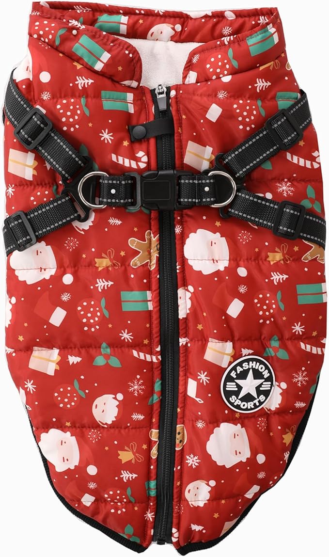 Aiboria Dog Jacket Windproof Fleece Dog Sweater with Padded Vest Chest Strap Harness Dogs Coat Christmas Red 4XL